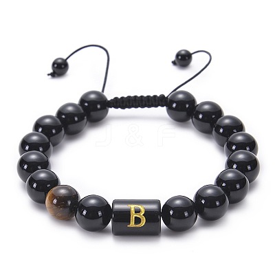 10MM Natural Black Onyx(Dyed & Heated) and Tiger Eye Alphabet Round Braided Bead Adjustable Bracelets for Women DM6424-2-1