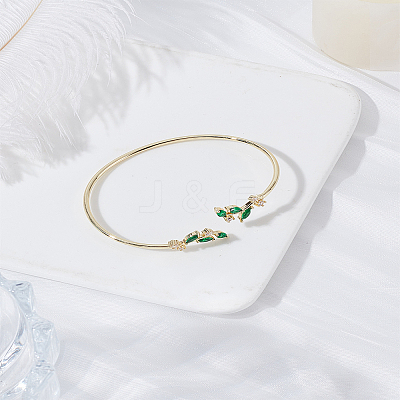 1Pc Elegant Brass Cubic Zirconia Leaf Cuff Bangles for Women BJEW-LP0003-33G-02-1