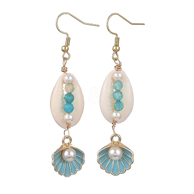 Natural Agate & Cultured Freshwater Pearl & Cowrie Shell Beads Dangle Earrings EJEW-JE07200-1