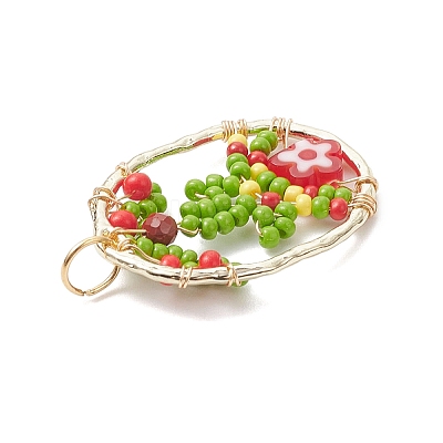 Glass Seed Beaded Oval with Flower Pendants PALLOY-MZ01061-01-1