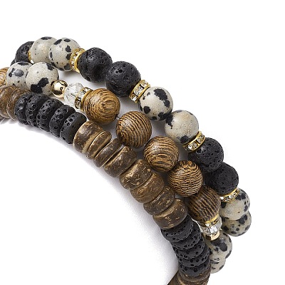 3Pcs 3 Style Natural Lava Rock & Dalmation Jasper & Coconut Beaded Stretch Bracelets Set BJEW-JB09810-1