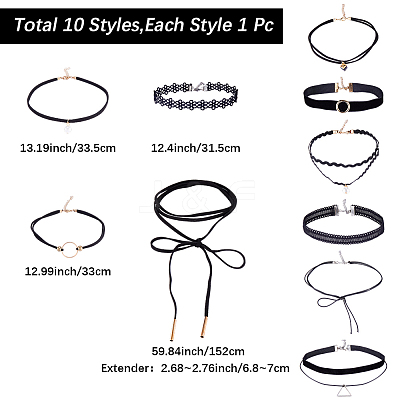10Pcs 10 Styles Gothic Polyester Lace Choker Necklaces NJEW-SC0001-75-1