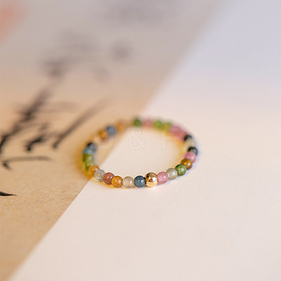 Natural Rainbow Tourmaline Round Beaded Finger Rings WGDC3AE-02-1