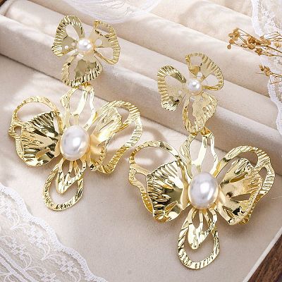 Alloy & Iron & Imitation Pearl Stud Earrings EJEW-M075-09G-1