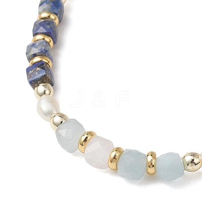Natural Aquamarine & Natural Lapis Lazuli Cube Beaded Stretch Bracelets for Women BJEW-JB13390-03-1