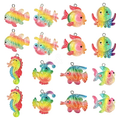 16Pcs 8 Styles Ocean Theme Transparent Resin Pendants RESI-YW0004-97-1