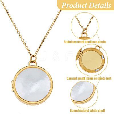 1Pc Stainless Steel Pave Natural White Shell Locket Pendant Necklaces for Women NJEW-HS0001-12B-1