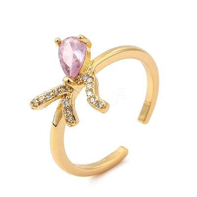 Brass Pave Pink and Clear Cubic Zirconia Cuff Rings RJEW-P173-01G-02-1