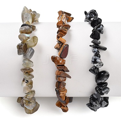 Chips Natural Labradorite & Snowflake Obsidian & Tiger Eye Beaded Stretch Bracelets Sets BJEW-JB05332-05-1