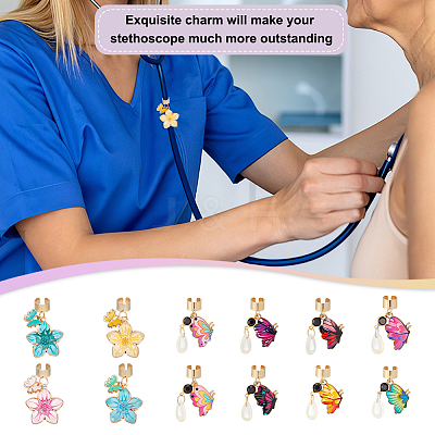 12Pcs Butterfly Alloy Enamel Stethoscope Pendant Decorations HJEW-OC00230-1