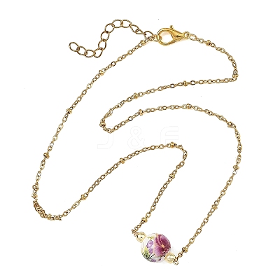 Handmade Flower Printed Porcelain Round Pendant 304 Stainless Steel Satellite Chain Necklaces for Women NJEW-JN06473-1