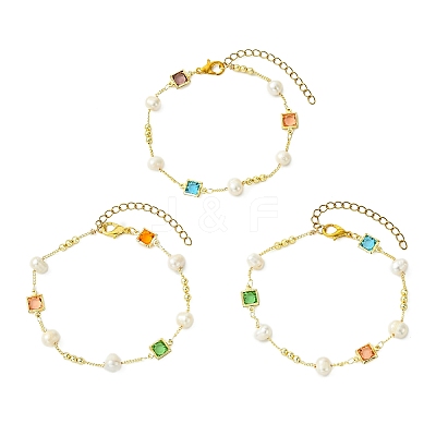 Brass & Glass & Natural Cultured Freshwater Pearl Link Bracelets for Women BJEW-JB14104-1