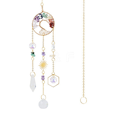 1Pc Wire Wrapped Alloy & Natural Mixed Stone Tree of Life Hanging Suncatchers HJEW-TA0001-46C-1