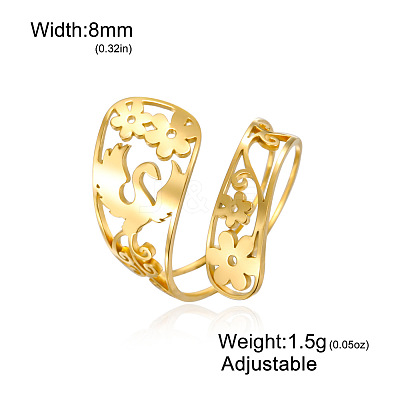 304 Stainless Steel Flower & Phoenix Cuff Open Rings WG0AE90-02-1