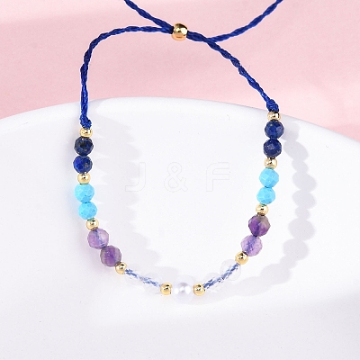 Faceted Round Natural Lapis Lazuli & Turquoise & Amethyst & Quartz Crystal Braided Bead Bracelets BJEW-F493-09G-04-1