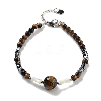 Natural Tiger Eye Round & Synthetic Non-magnetic Hematite & White Shell Beaded Bracelets for Women BJEW-K251-02G-1