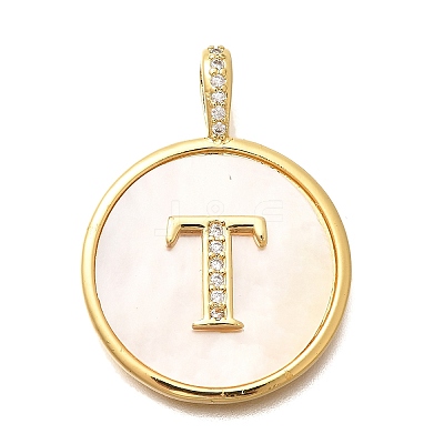 Rack Plating Brass Micro Pave Clear Cubic Zirconia Pendants with Shell KK-M309-42G-T-1