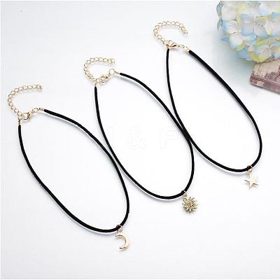 3Pcs 3 Styles Moon Star Sun Alloy Pendant Faux Suede Cord Multi-Strand Choker Necklaces for Women FS-WG071C8-01-1