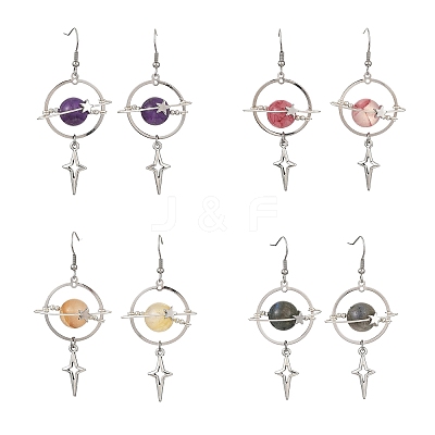 4 Pairs 4 Styles Natural Gemstone & Alloy Pendant Dangle Earrings EJEW-TA00818-1