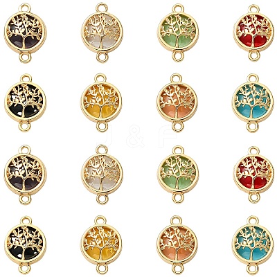40Pcs 8 Colors Glass Flat Round with Tree of Life Links Connector Charms GLAA-YW0005-51-1