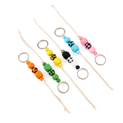 6Pcs 6 Colors Schima Wood & Cotton Cord Keychain KEYC-KS0001-03-1