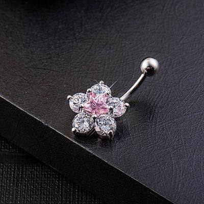 Piercing Jewelry Real Platinum Plated Brass Star Flower Rhinestone Navel Ring Belly Rings AJEW-EE0001-21B-1