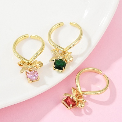 Brass Micro Pave Cubic Zirconia Adjustable Open Cuff Rings for Women RJEW-U057-05G-1