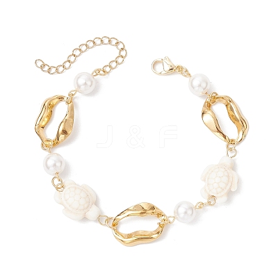 Synthetic Turquoise Tortoise & Shell Pearl & 304 Stainless Steel Oval Link Bracelets for Women BJEW-JB12173-02-1