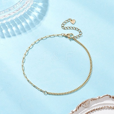 Brass Curb Chain & Paperclip Chain Anklets with 201 Stainless Steel End Chain Heart Charms AJEW-AN00762-1