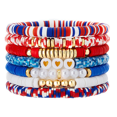 7Pcs Heart Pattern Polymer Clay & Plastic Pearl & CCB Plastic Beaded Stretch Bracelet Set for Women FS-WG634BB-24-1