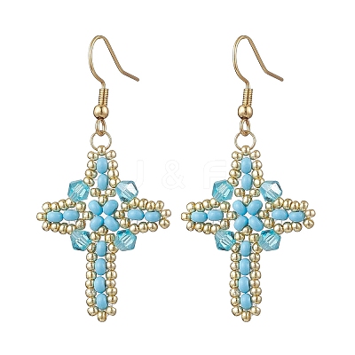 304 Stainless Steel Glass Seeds Cross Dangle Earrings EJEW-MZ00506-06-1