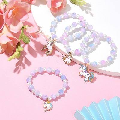Glass Beaded Stretch Bracelet with Alloy Enamel Unicorn Charm for Kids BJEW-JB09555-1