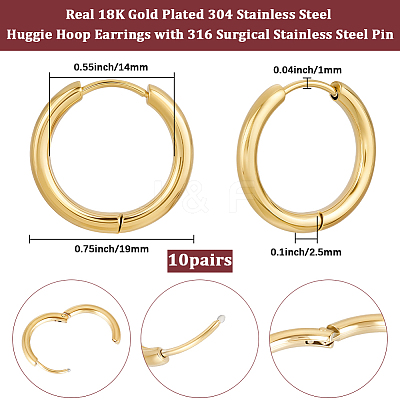 10 Pairs Ion Plating(IP) 304 Stainless Steel Huggie Hoop Earrings EJEW-BBC0002-19C-1