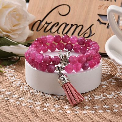 Dyed Natural Chalcedony Round Beads Stretch Bracelets Set for Girl Women BJEW-JB07058-1