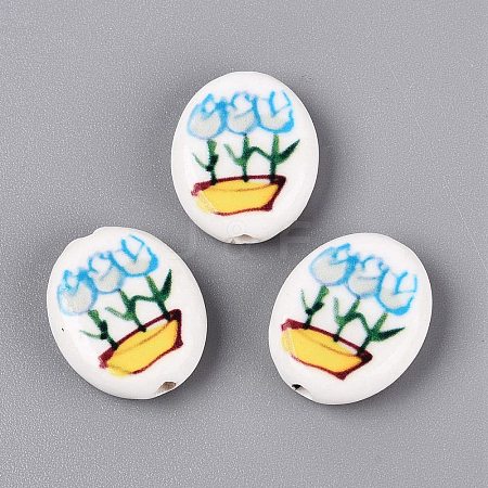 Hand Painted Tulip Flower Oval Porcelain Beads PORC-N012-11F-1