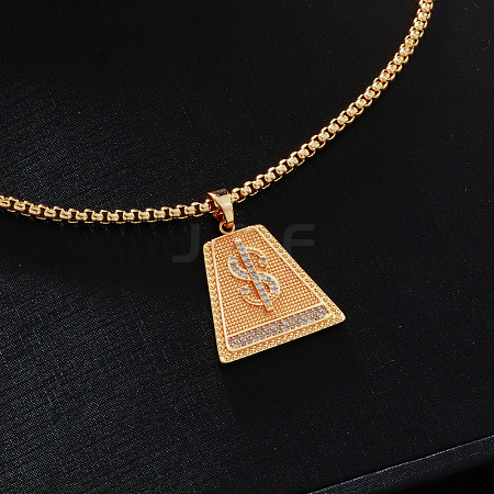 Brass Full Clear Cubic Zirconia Dollar Sign Trapezoid Pendant Box Chain Necklaces IF1636-2-1