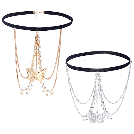 2Pcs 2 Colors Alloy Sexy Elastic Multilayer Tassel Butterfly Leg Chain AJEW-HY0002-21-1