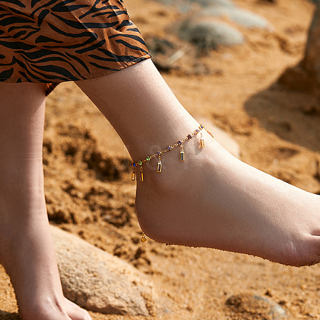 Bohemian Brass & Acrylic Flat Round Link Chain Anklets with Colorful Rectangle Tassel AJEW-Z046-03G-1