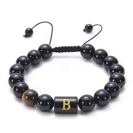 10MM Natural Black Onyx(Dyed & Heated) and Tiger Eye Alphabet Round Braided Bead Adjustable Bracelets for Women DM6424-2-1