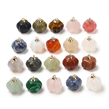 Natural & Synthetic Mixed Gemstone Pumpkin Charms with Golden Tone Brass Bails G-C158-06G-1