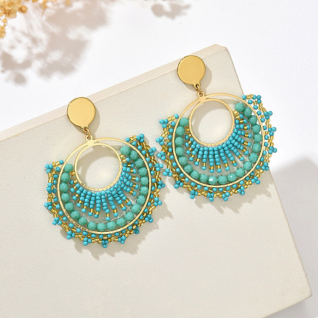 Flat Round 304 Stainless Steel Glass Seed Beads Dangle Stud Earrings FS-WG93AED-04-1