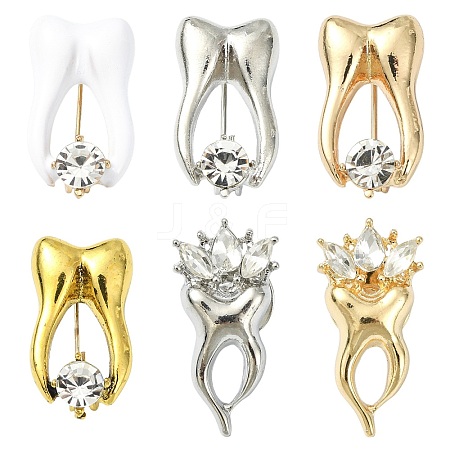 6Pcs 6 Colors Tooth Alloy Rhinestone Brooches for Backpack Clothes JEWB-CJ0001-86-1