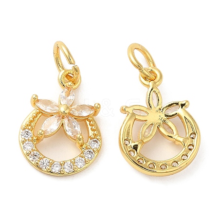 Rack Plating Brass Pave Clear Cubic Zirconia Ring Charms with Flower KK-Z026-09G-1