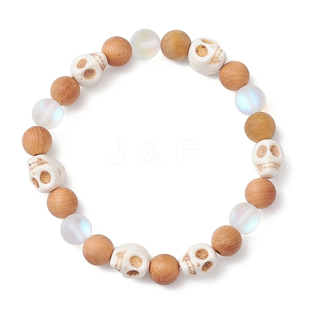 Natural Wood Round Beads Stretch Bracelets for Women BJEW-JB12588-1