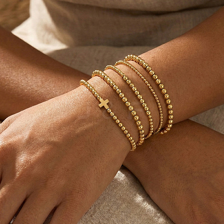 5Pcs 5 Styles Summer Brass Cross Round Beaded Stretch Bracelet Sets FV3491-1