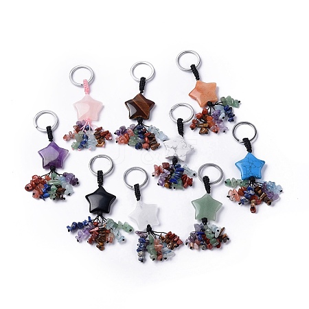 Natural & Synthetic Mixed Gemstone Star with Mixed Gemstone Chips Beaded Tassel Keychains KEYC-P012-01P-1