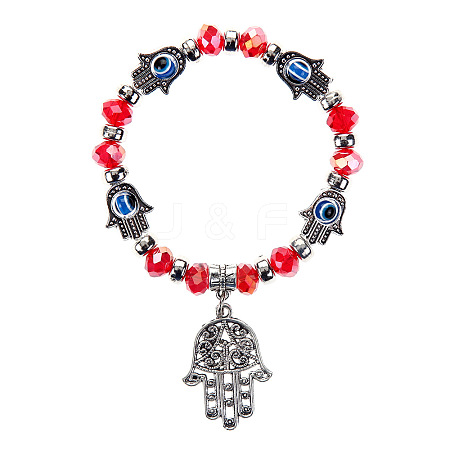 Lampwork Evil Eye & Glass Beaded Stretch Bracelet with Alloy Hamsa Hand Charm for Women RELI-PW0001-036B-1