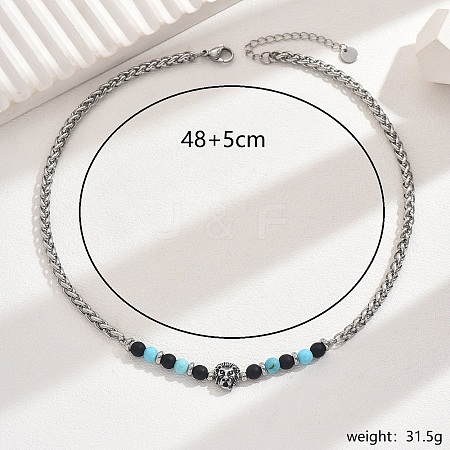 Vintage Stainless Steel Lion Head Synthetic Turquoise Beaded Necklaces for Daily Wear RE8063-1-1