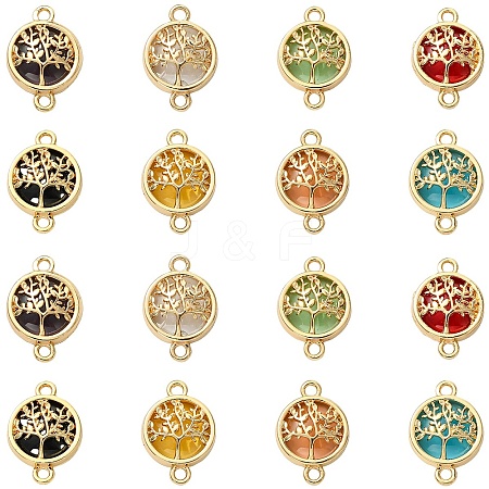 40Pcs 8 Colors Glass Flat Round with Tree of Life Links Connector Charms GLAA-YW0005-51-1