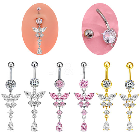 316L Surgical Stainless Steel Cubic Zirconia Butterfly Curved Barbell Dangle Belly Rings WGB11C1-08-1